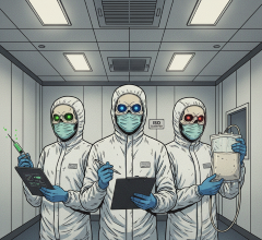 Three skeletons wearing PPE in a cleanroom
